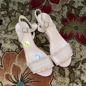 Kate Spade Tomas Blush Ruffle Leather Strap Wedges